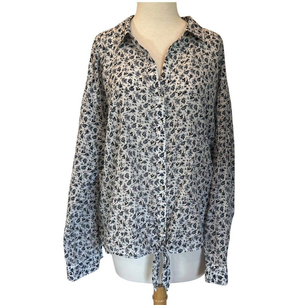 J. Jill Tie-Front Blouse Women's XL Blue Floral Cotton Silk Button Down Collar